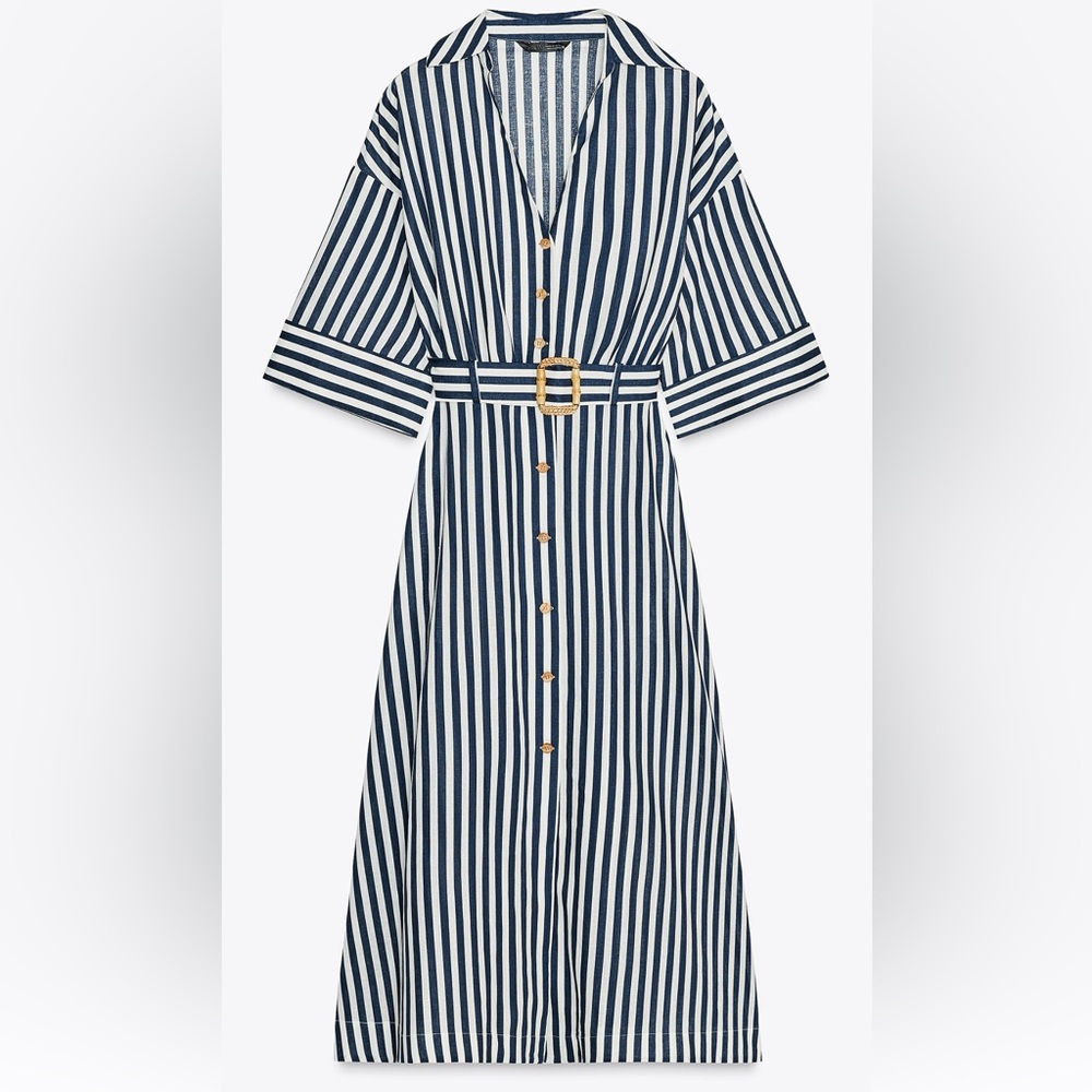 Zara Navy and White Striped Long Sleeve Dress